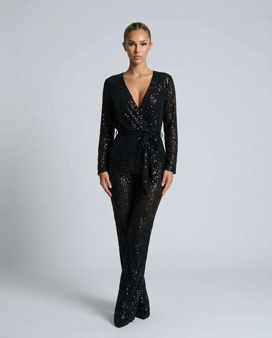Elegant Sequin Dress With V-Neck Belted Evening