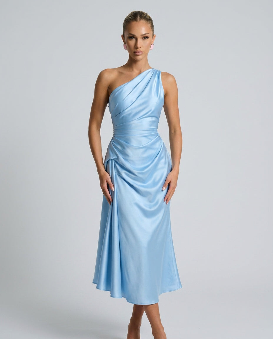 Satin-Look Finish Dress With One-Shoulder Neckline Evening