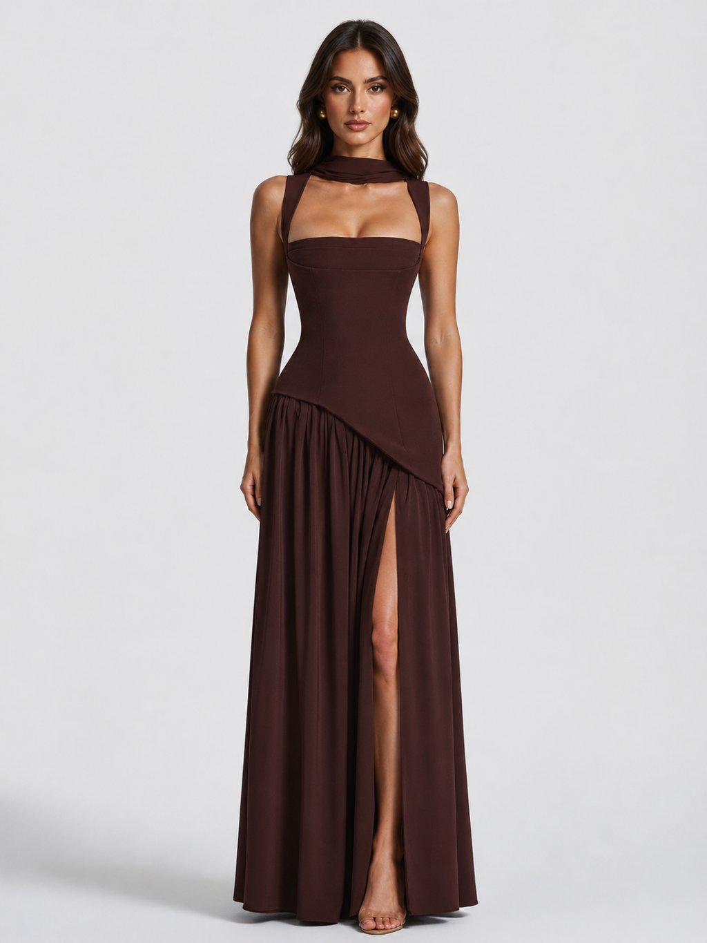 Satin Finish Sleeveless Coat Side Slit Evening