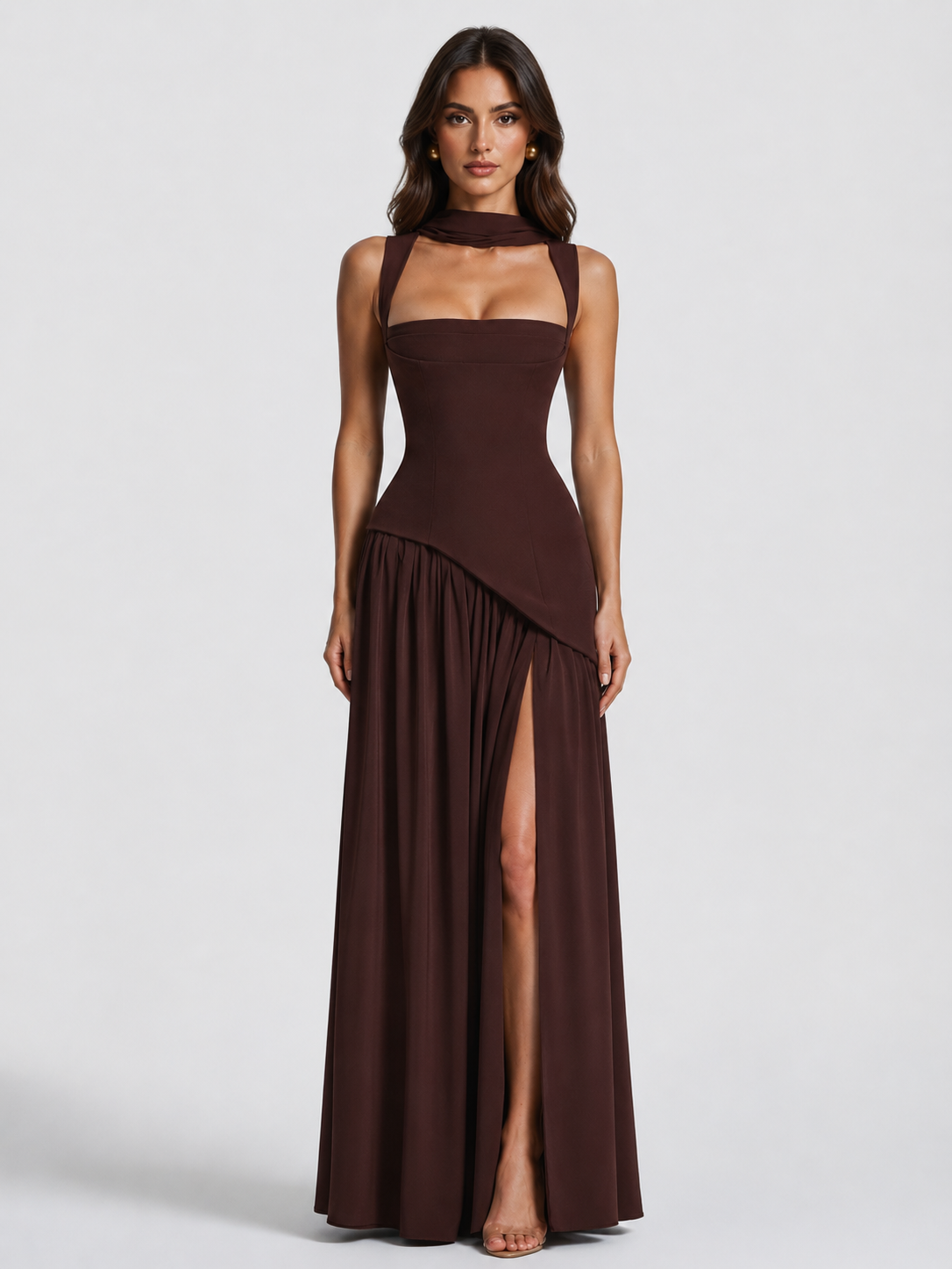 Satin Finish Sleeveless Coat Side Slit Evening