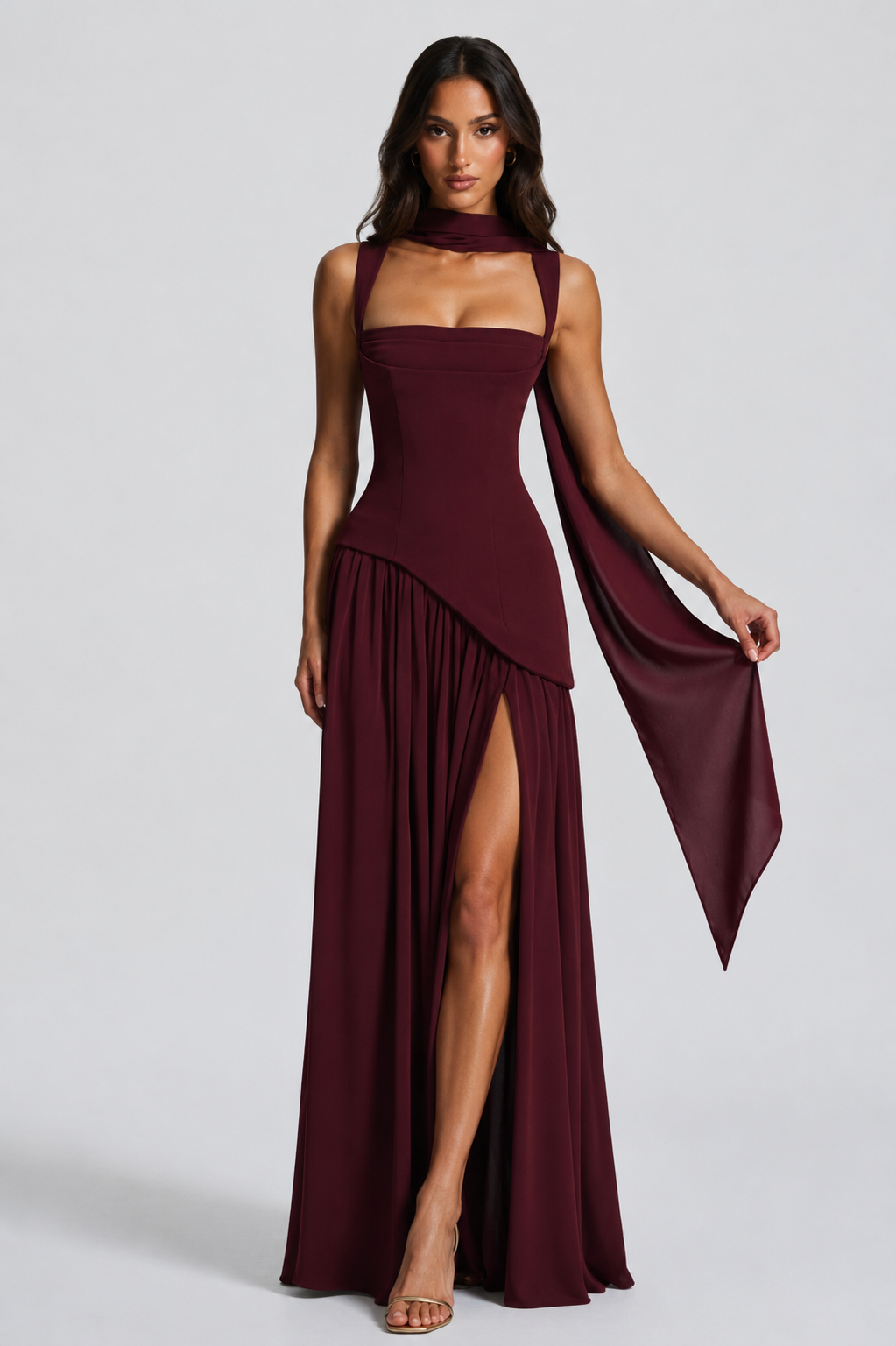 Satin Finish Sleeveless Coat Side Slit Evening