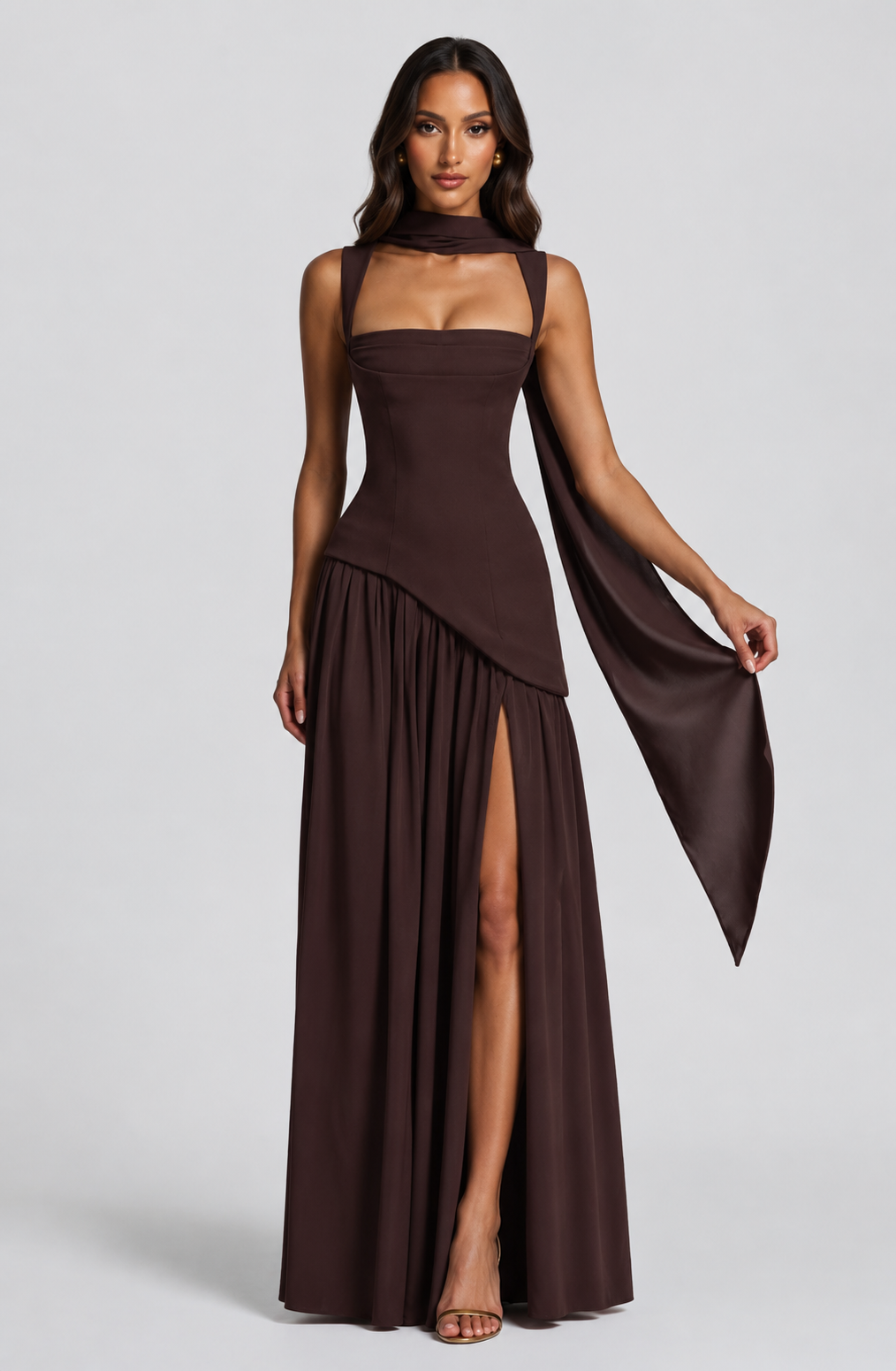 Satin Finish Sleeveless Coat Side Slit Evening