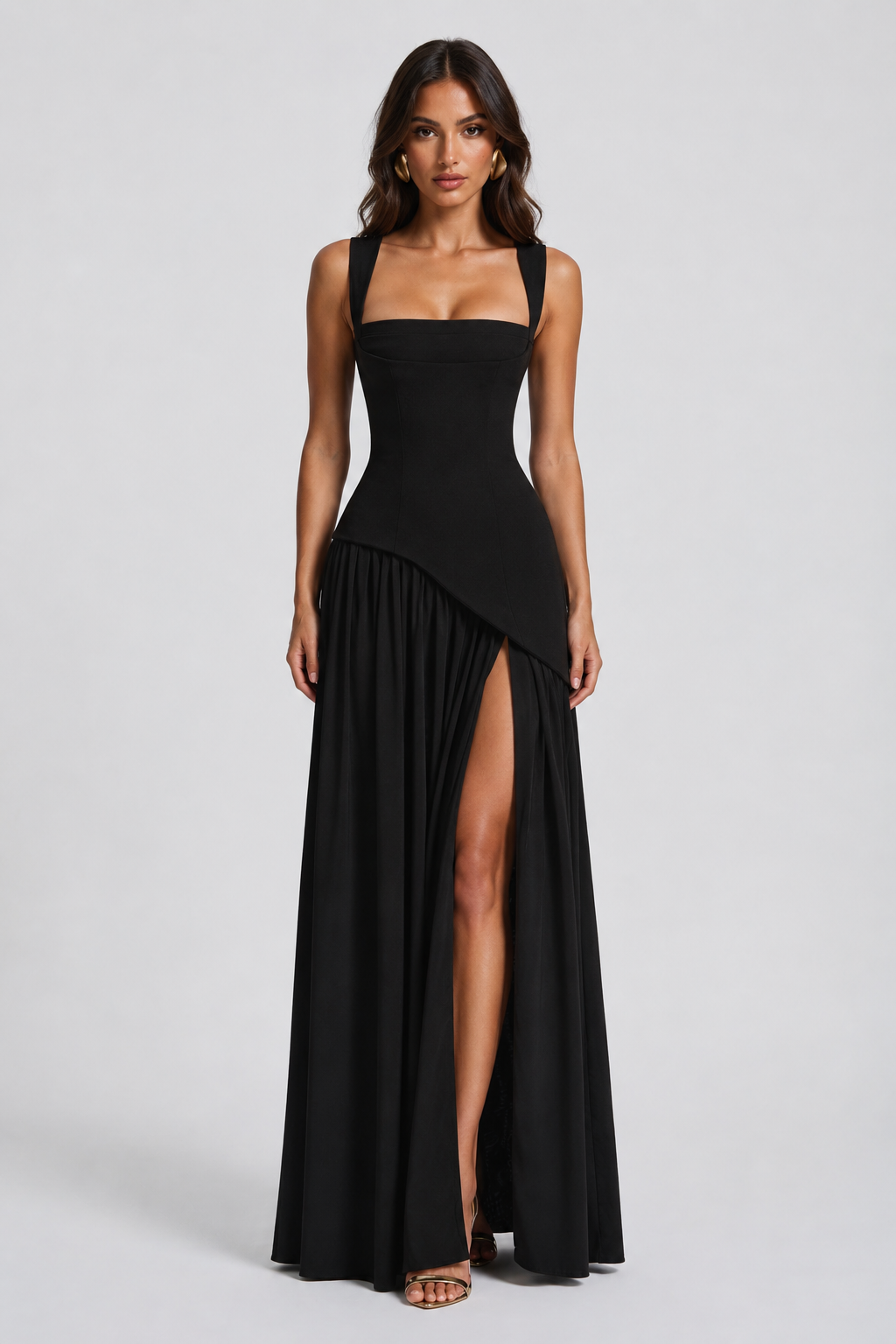 Satin Finish Sleeveless Coat Side Slit Evening