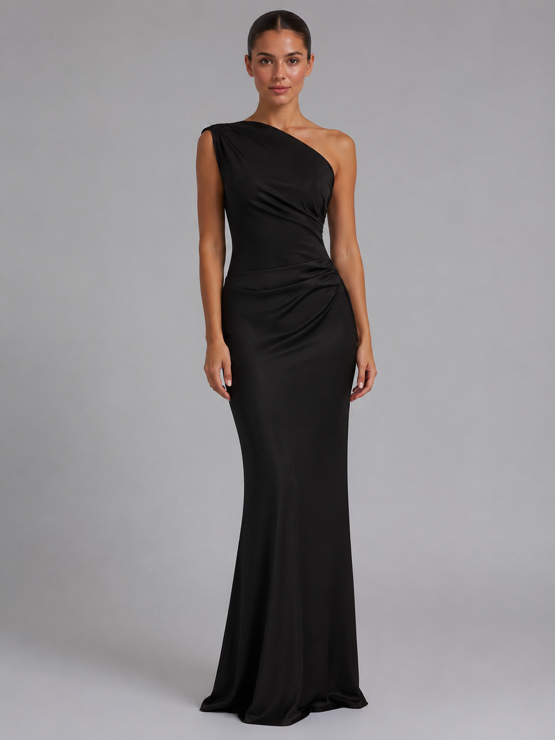 Elegant Satin Dress With One-Shoulder Neckline Evening