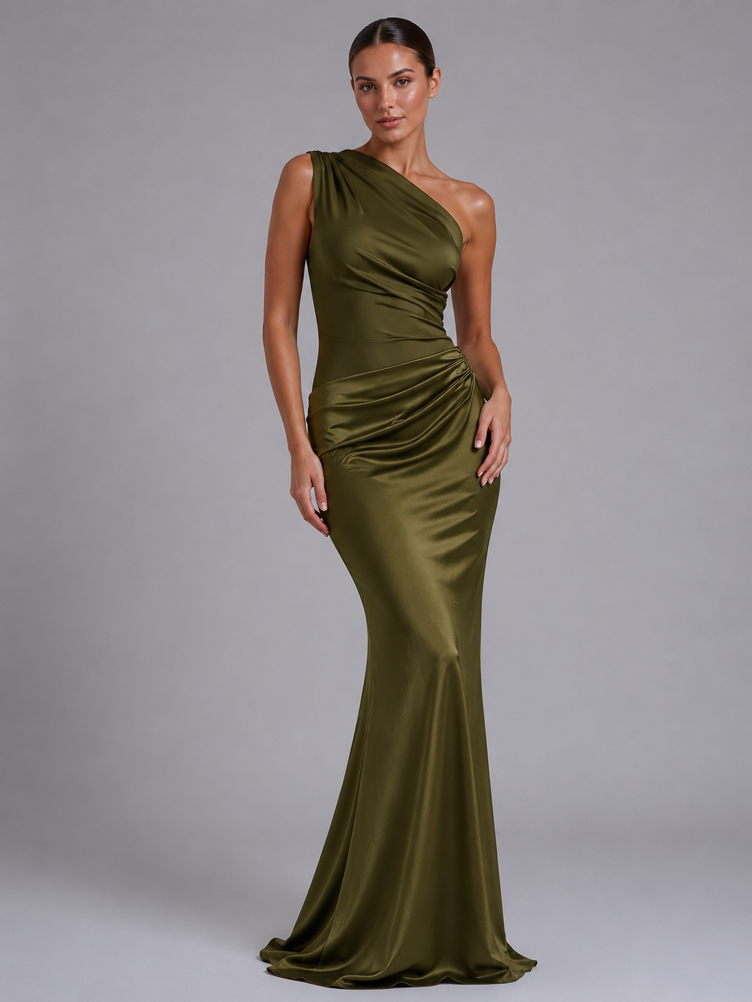 Elegant Satin Dress With One-Shoulder Neckline Evening