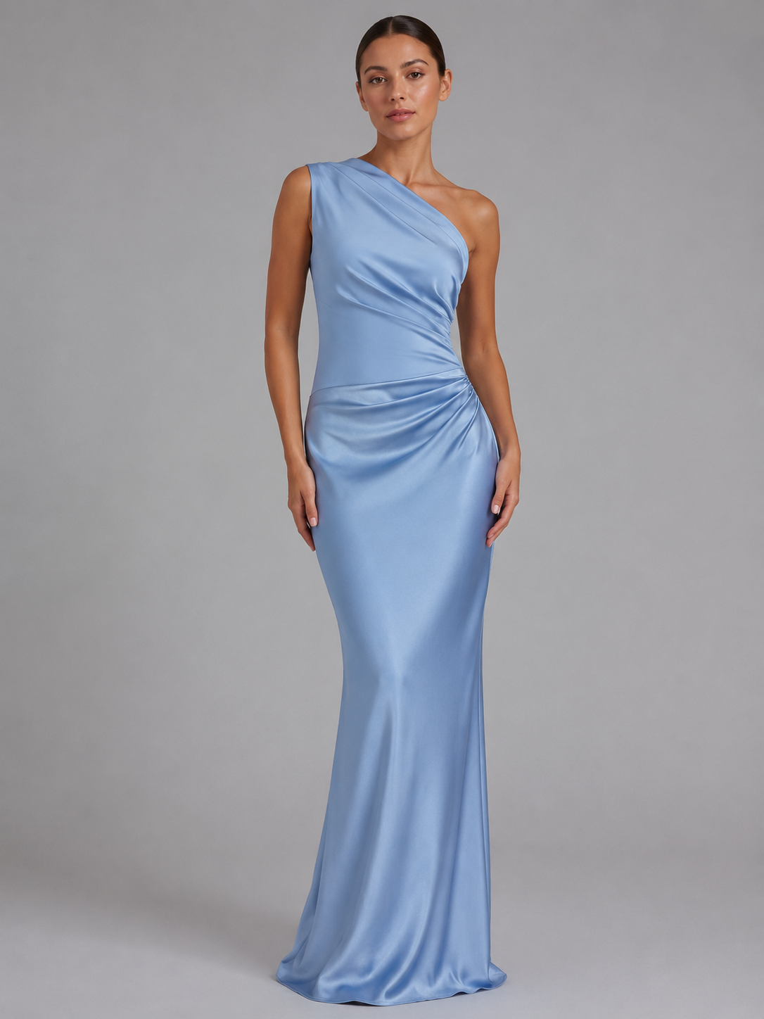 Elegant Satin Dress With One-Shoulder Neckline Evening