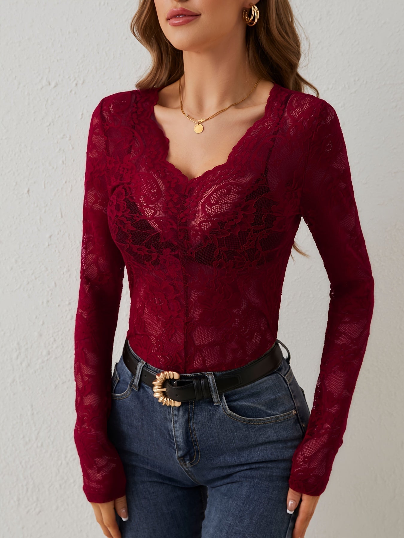 Elegant Lace Shirt With V-Neck Evening Occasion Wear