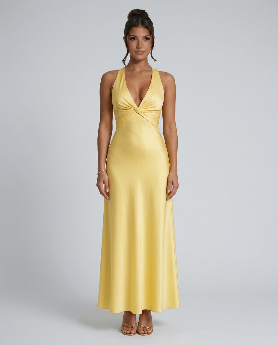 Elegant Satin-Look Dress With Halter Neckline Open Back Evening