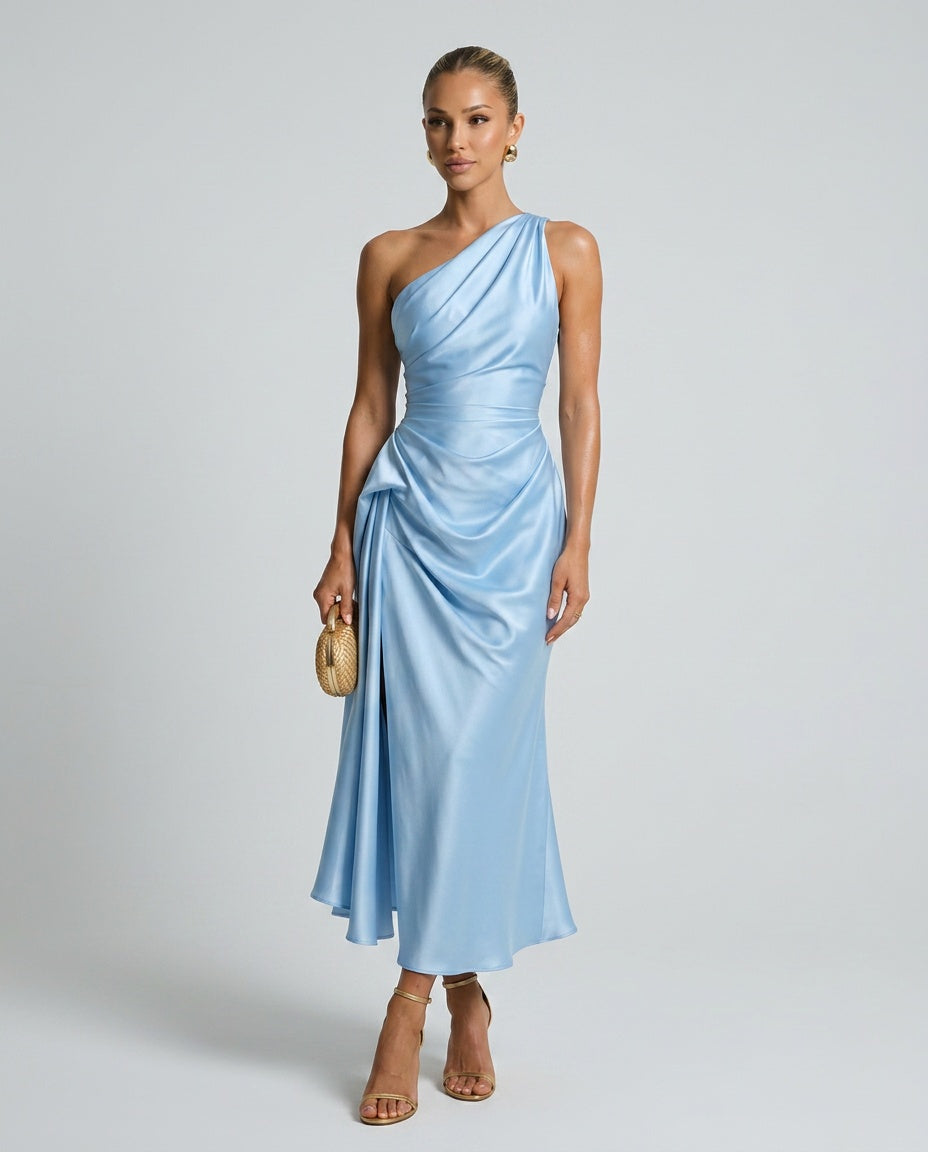 Satin-Look Finish Dress With One-Shoulder Neckline Evening
