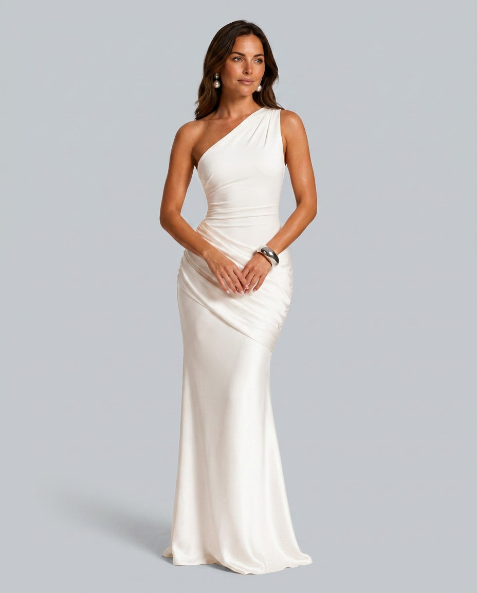 Silky Satin Dress With One Shoulder Neckline Evening