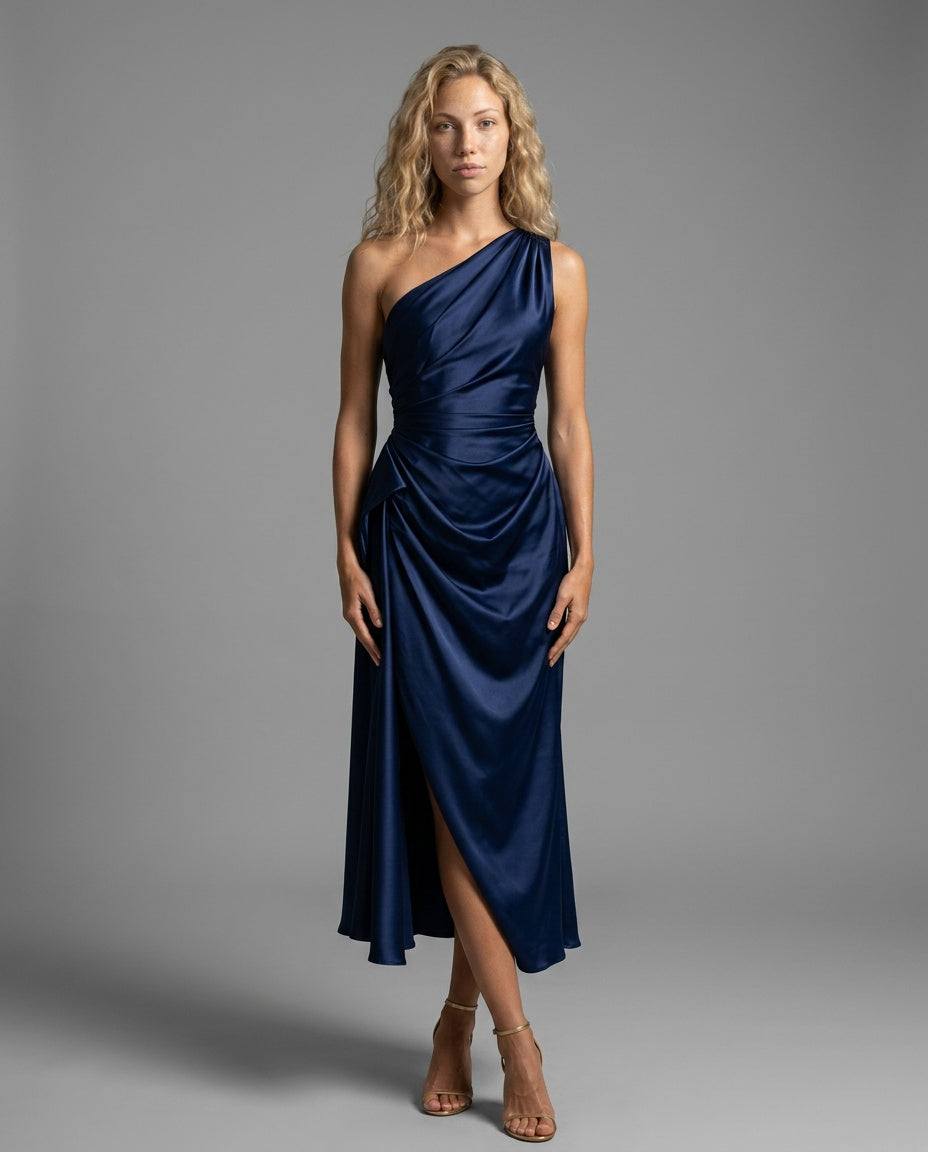 Satin-Look Finish Dress With One-Shoulder Neckline Evening