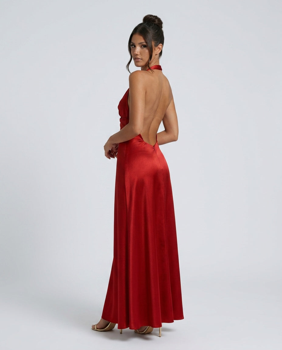 Elegant Satin-Look Dress With Halter Neckline Open Back Evening