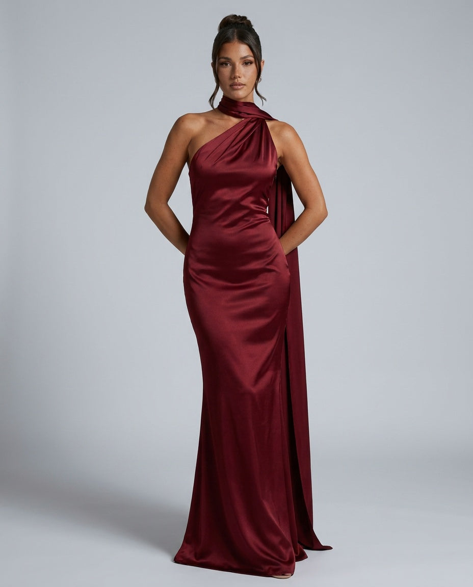 Elegant Satin-Look Dress With One-Shoulder Neckline Asymmetric Hem Evening