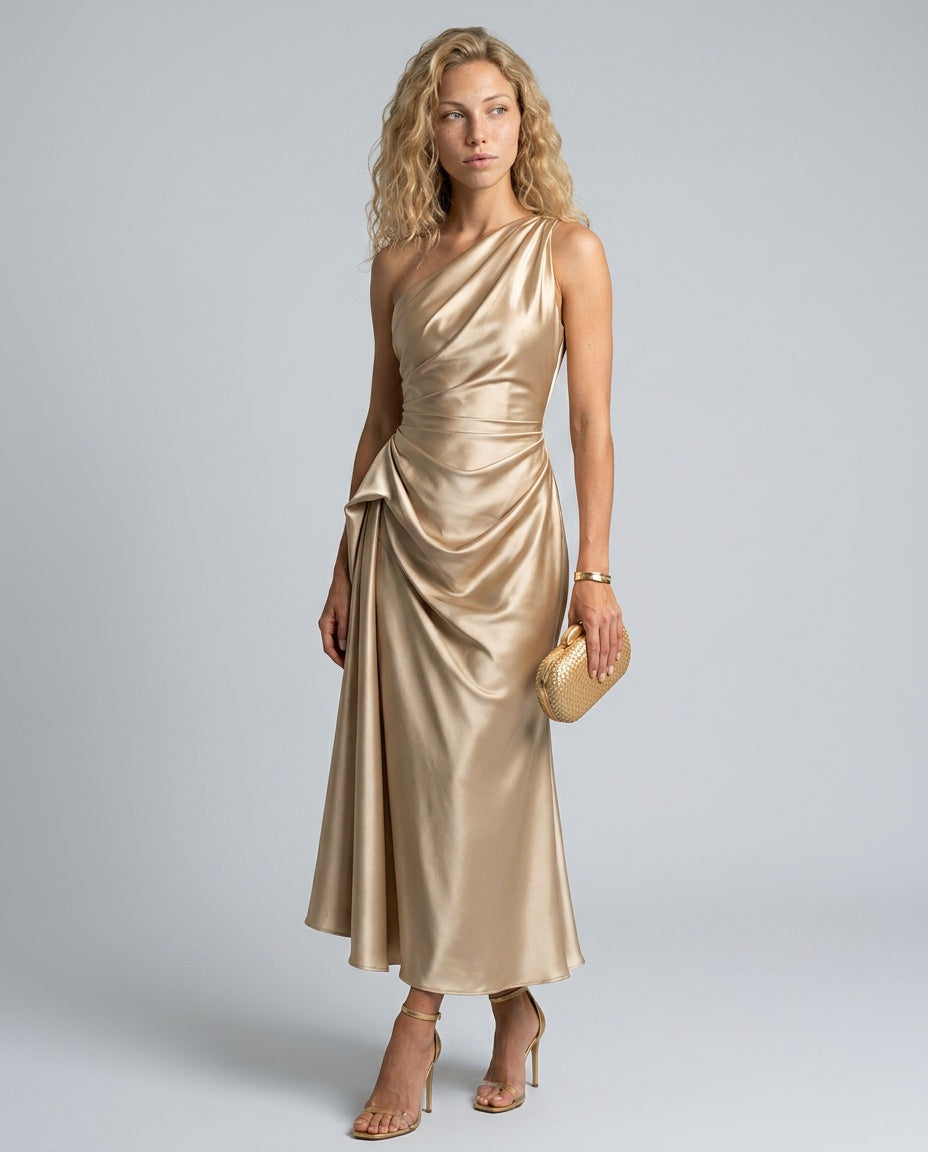 Satin-Look Finish Dress With One-Shoulder Neckline Evening