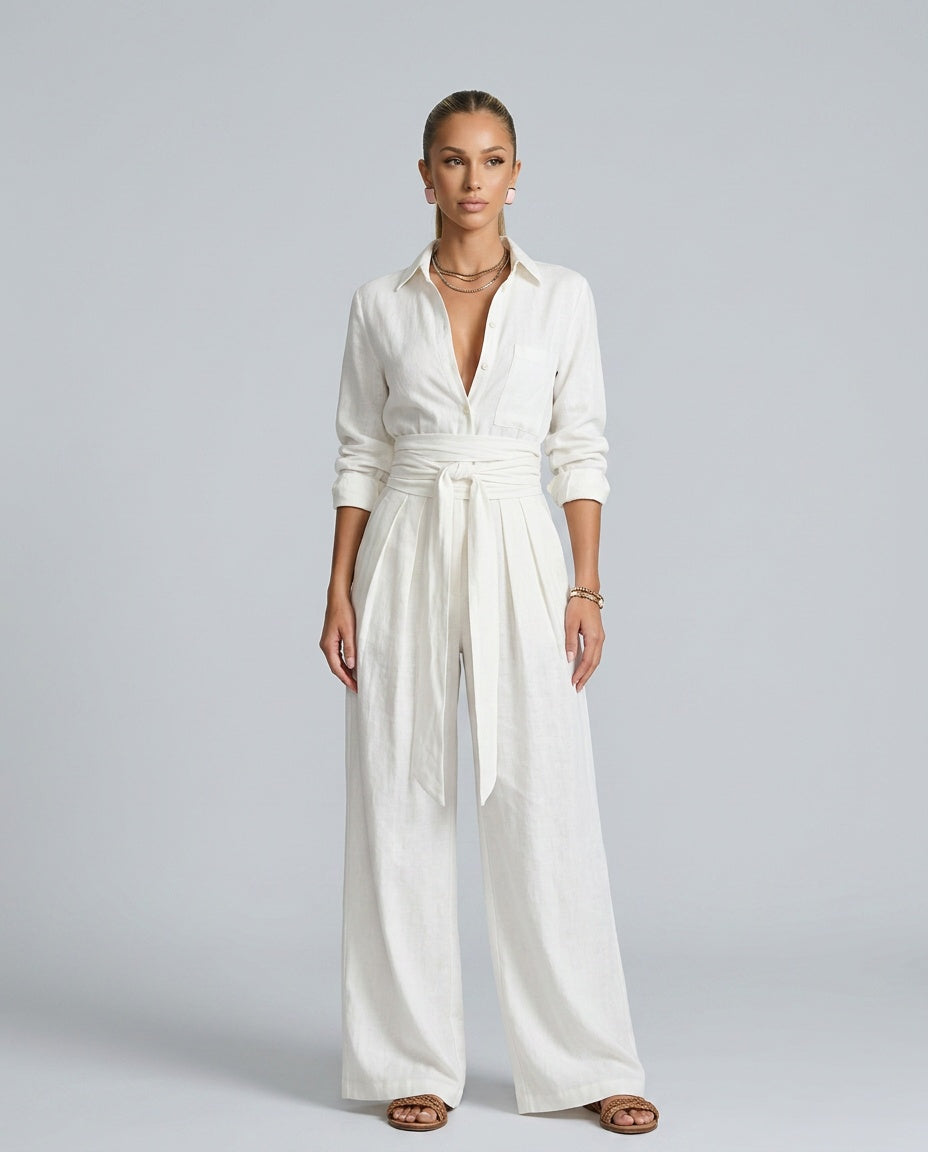 Lace Shirt With Shirt Collar Neckline Belted Occasion Wear