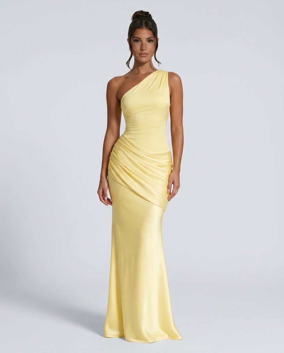 Silky Satin Dress With One Shoulder Neckline Evening