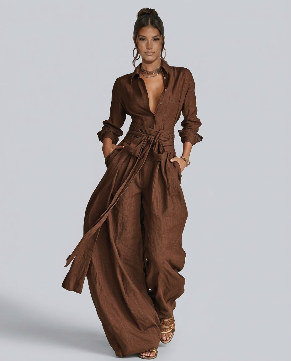 Lace Shirt With Shirt Collar Neckline Belted Occasion Wear