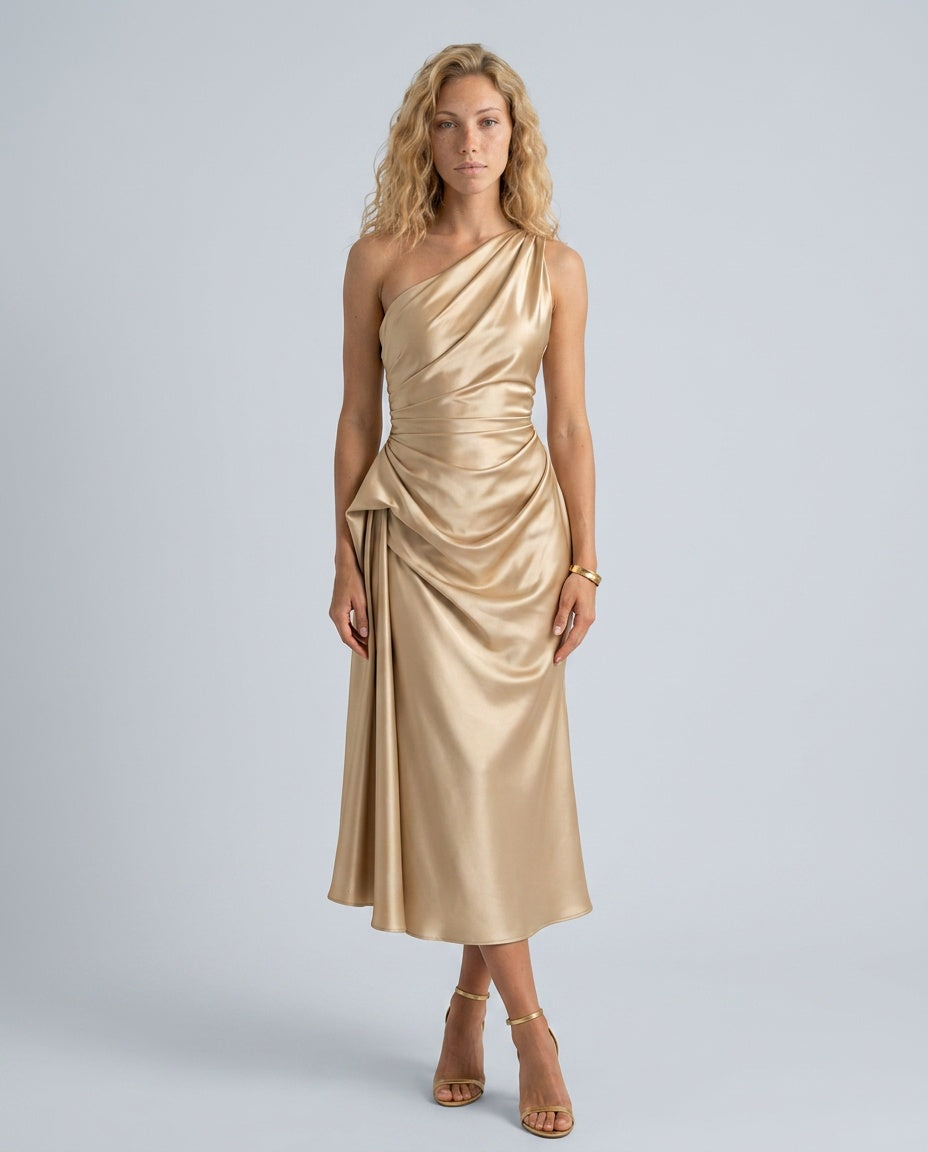 Satin-Look Finish Dress With One-Shoulder Neckline Evening