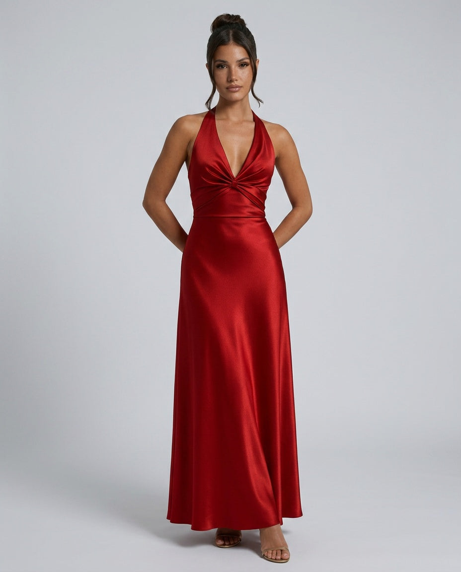 Elegant Satin-Look Dress With Halter Neckline Open Back Evening