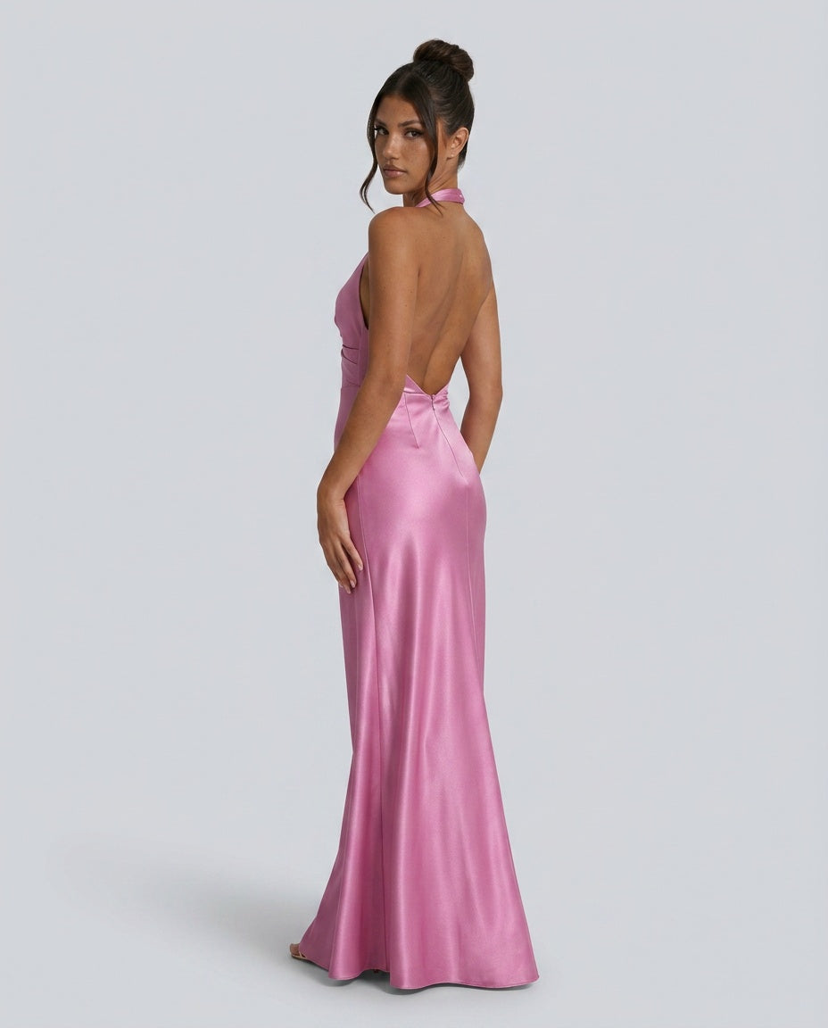 Elegant Satin-Look Dress With Halter Neckline Open Back Evening