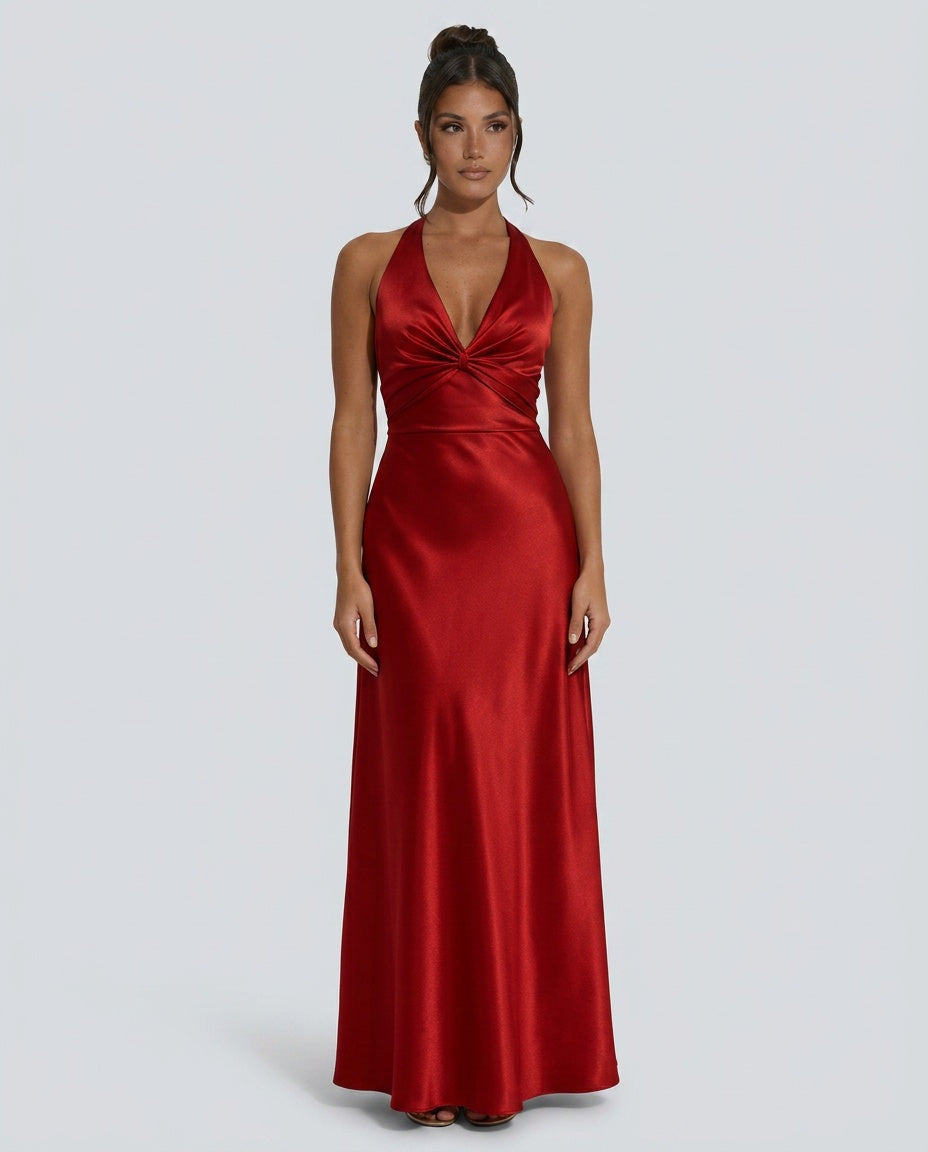 Elegant Satin-Look Dress With Halter Neckline Open Back Evening
