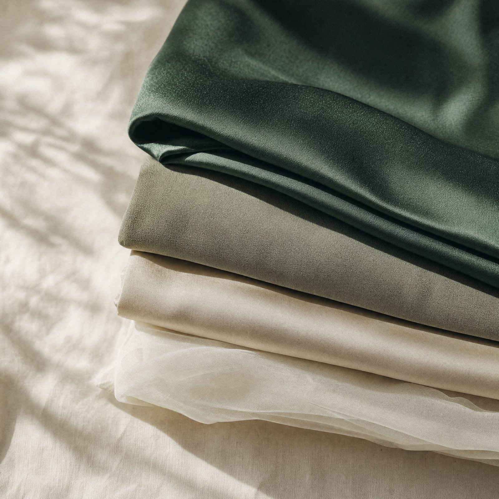 Fabrics of the Serbura palette stacked on linen