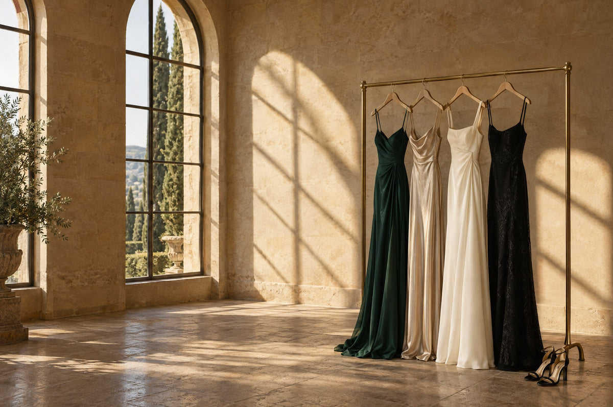 Evening dresses in forest green, champagne, ivory and black on a brass rail in a sunlit stone room