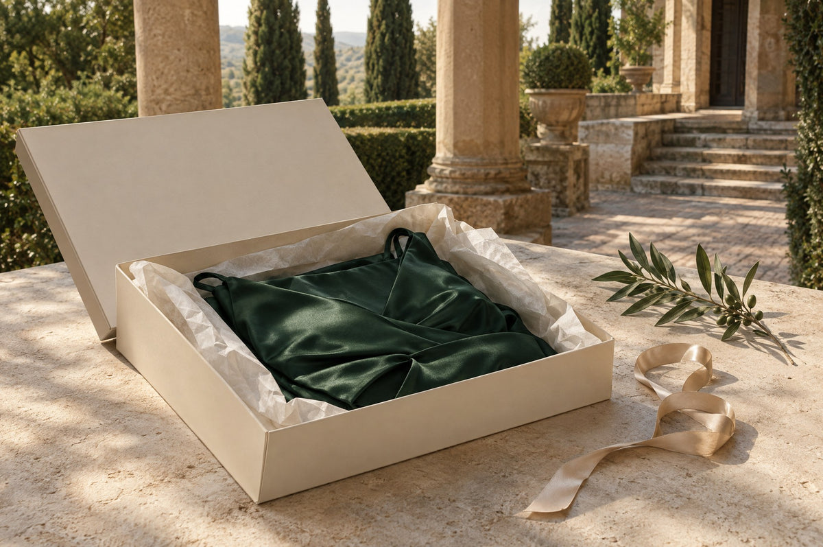 Folded forest green satin dress in tissue paper inside an ivory garment box with an olive sprig