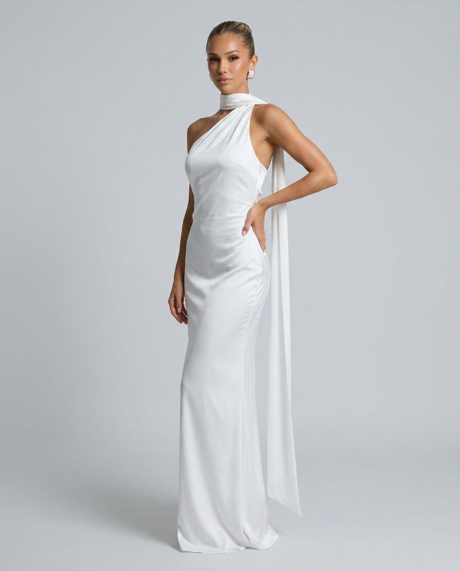 Elegant Satin-Look Dress With One-Shoulder Neckline Asymmetric Hem Evening