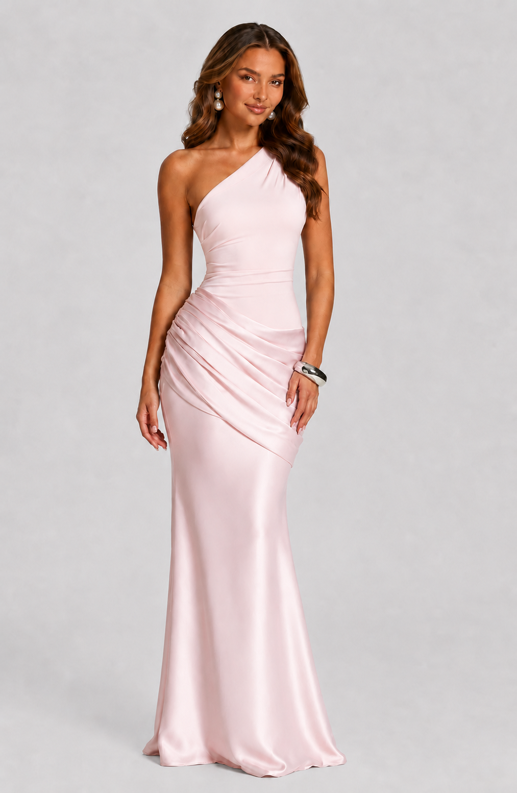 Silky Satin Dress With One Shoulder Neckline Evening