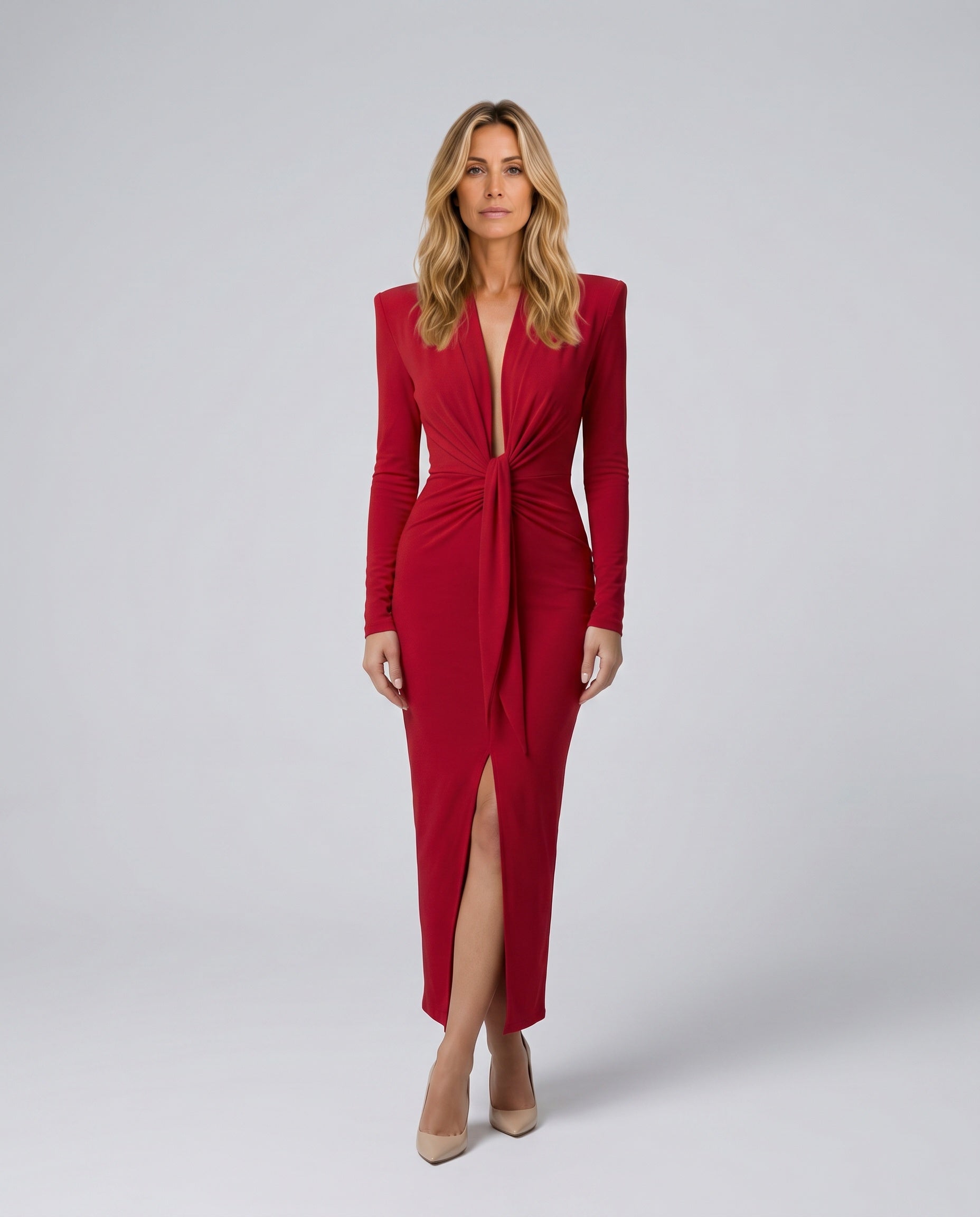 Elegant Draped Long Sleeve Blazer Belted Formal