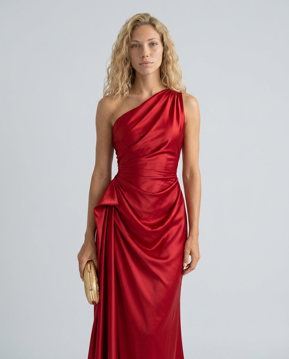 Satin-Look Finish Dress With One-Shoulder Neckline Evening