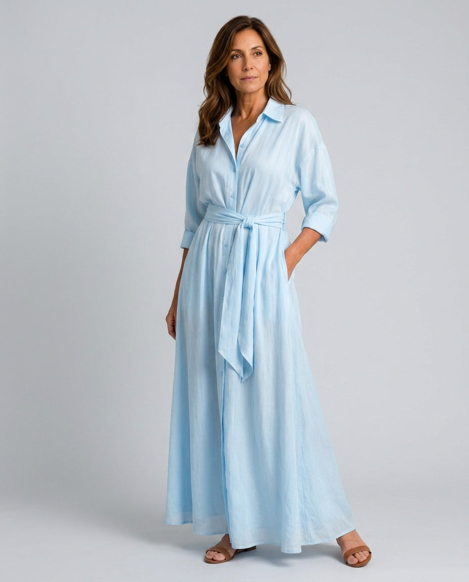 Lace Finish Dress With Collared Neckline Belted Evening